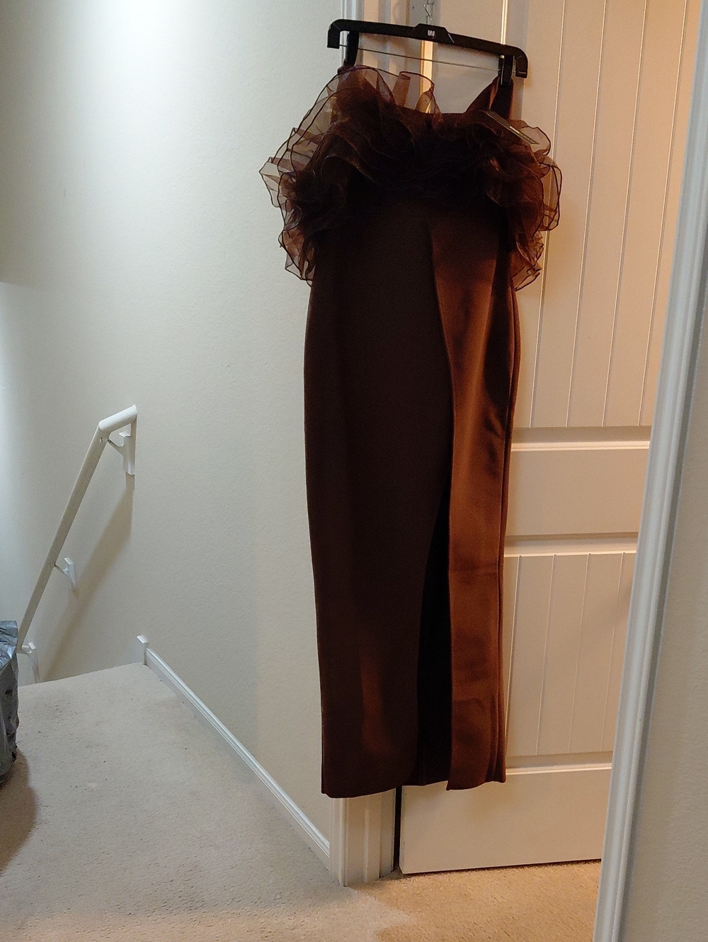 Brown Ruffle-Trim Bodycon Maxi Dress